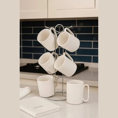 Bavary Beker Stand- Metalen Beker Houder - Set van Houder + 6 Bekers - Koffiebeker - Theeglazen - Wit