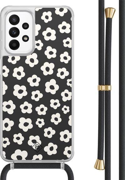 Casimoda® hoesje met zwart koord - Geschikt voor Samsung A23 - Retro Bloempjes - Afneembaar koord - TPU/acryl - Zwart