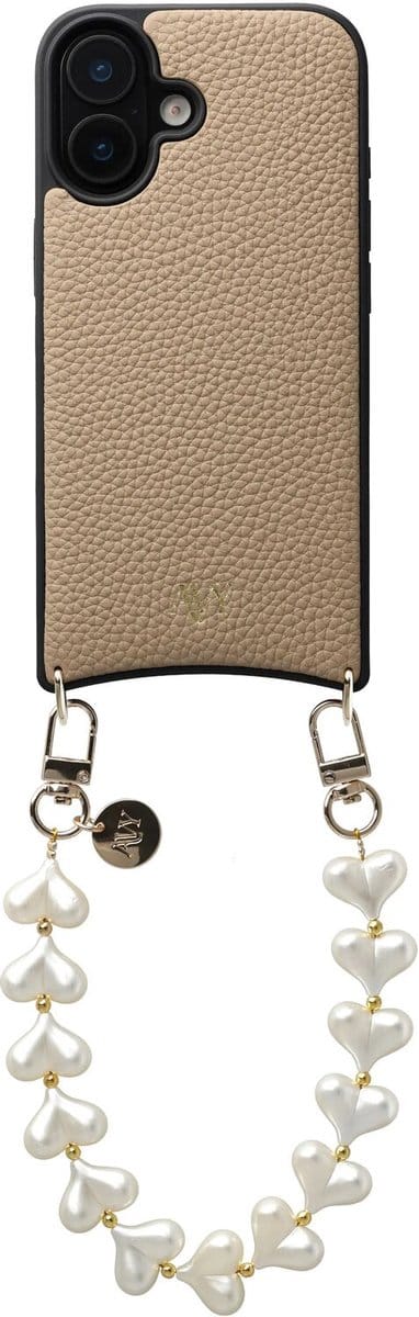 AVY Leren Hoesje Geschikt voor Apple iPhone 17 | Compatibel met MagSafe | Leather Case met Telefoonkoord | Polsbandje | Beige | Cupid Pearl