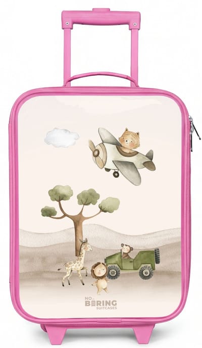 NoBoringSuitcases.com® - Kinderkoffer roze - Kindertrolley meisje - Dieren op safari - Koffer kind lichtgewicht - Reiskoffer trolley voor kinderen - Koffertje met lichtgevende wieltjes - Rolkoffer