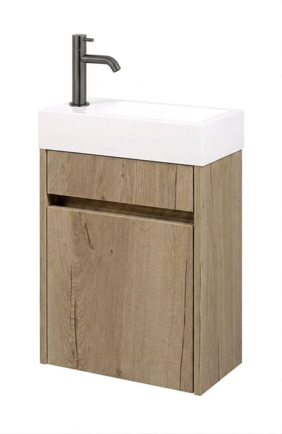 Saqu Florence fonteinmeubel eiken marcato incl. fontein en gunmetal kraan links