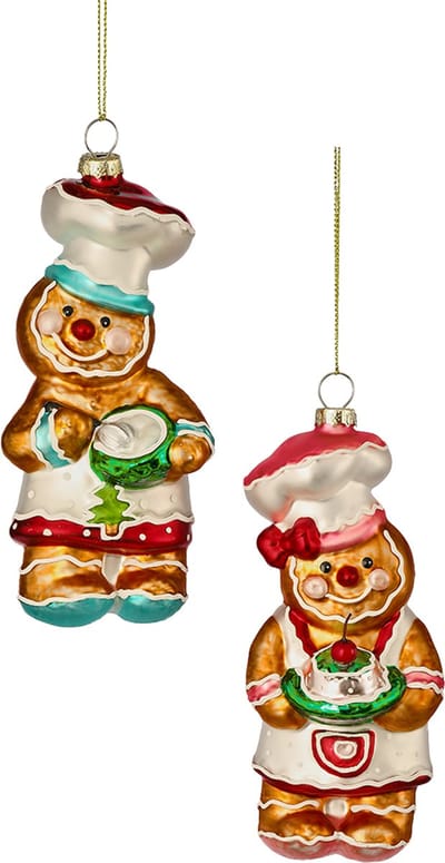 Viv! Christmas Kerstornament - Gingerbread Bakkers - set van 2 - glas - bruin rood - 15cm