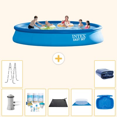 Intex Rond Opblaasbaar Easy Set Zwembad - 457 x 84 cm - Blauw - Inclusief Pomp - Onderhoudspakket - Solar Mat - Grondzeil - Voetenbad - Ladder - Solarzeil - 8-delig