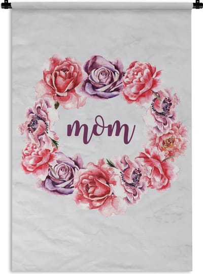 Wandkleed Moederdag - Moederdag cadeau / leuk moederdag geschenk voor haar met bloemenprint en tekst - Mom Wandkleed katoen 120x180 cm - Wandtapijt met foto XXL / Groot formaat!
