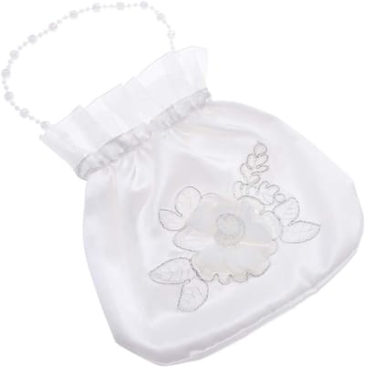 Elegante witte satijnen handtas voor bruiloften, versierd met bloemen, ideaal voor bruid en bruidsmeisjes