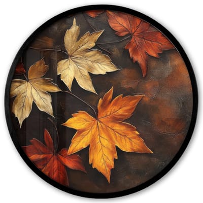 Poster in lijst Rond - Fotolijst 40x40 cm - Posters - Herfstbladeren - Bruin - Oranje bladeren - Herfst rood - Ronde posterlijst zwart - Decoratie - Wanddecoratie woonkamer - Muurdecoratie slaapkamer