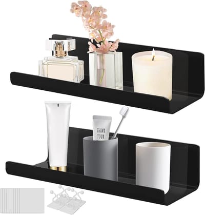 Set van 2 Zwarte Wandplanken van Acryl, Zwevende Plank zonder Boren voor Kantoor, Badkamer en Keuken, Ideaal voor Ruimtebesparing en Decoratie