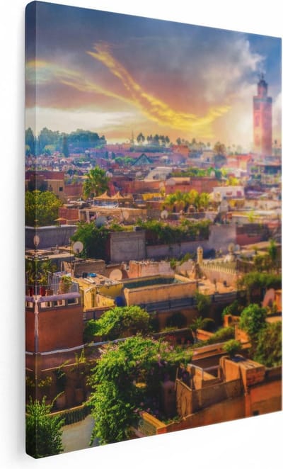 Artaza Canvas Schilderij Skyline Marokko - 30x40 cm - Klein - Wanddecoratie Zonsondergang - Muurdecoratie Stad - Kamer Accessoires Woonkamer