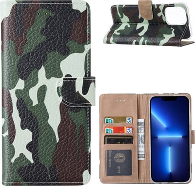 Hoesje Geschikt voor iPhone 13 Pro Max Hoesje Camouflage Legerprint - Hoesje Geschikt voor iPhone 13 Pro Max Boek Hoesje / Portemonnee cover - Camouflage Hoesje Geschikt voor iPhone 13 Pro Max