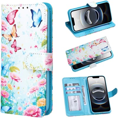 Casemania Hoesje Geschikt voor Apple iPhone 16e - Kleurrijk Vlinders en Bloemen Print - Portemonnee Bookcase met Pasjeshouder en Standaardfunctie - Wallet case met Ingebouwde Kaarthouders
