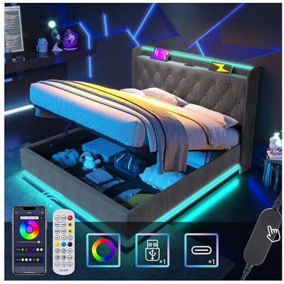 Merax Opbergbed 140 x 200 cm met opberghoofdeinde - USB- en LED-aansluitingen - Linnenstof - Knooppatroon - Grijs (zonder matras)