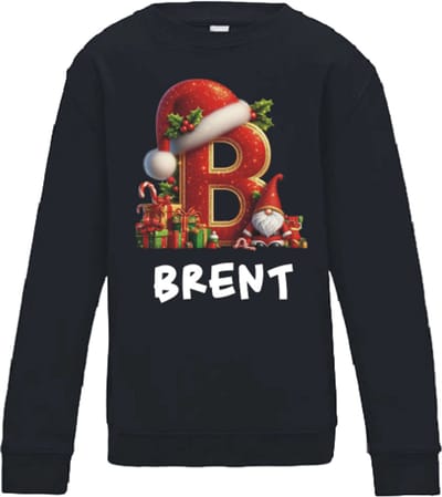 Kerst Sweater Kinderen – Hoofdletter met Eigen Naam – Zwart Maat 80 – Livingstickers