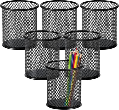 Famanu - Pennenhouder, ronde metalen mesh pennenpot, duurzame stationaire organizer, multifunctionele potloodpot voor school, thuis, kantoor, zwart