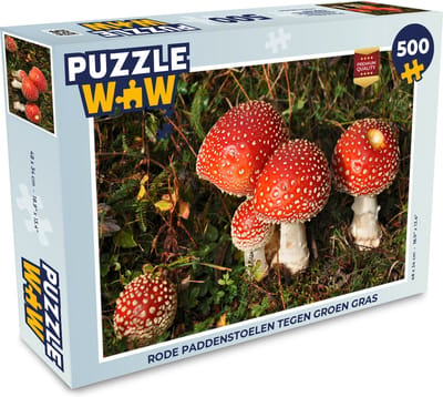 Puzzel Rode paddenstoelen tegen groen gras - Legpuzzel - Puzzel 500 stukjes