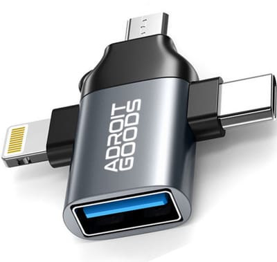 AdroitGoods 3-in-1 USB OTG Converter – USB-C & Micro-USB – Geschikt voor Apple-apparaten met Lightning-connector – USB-poort voor USB-stick