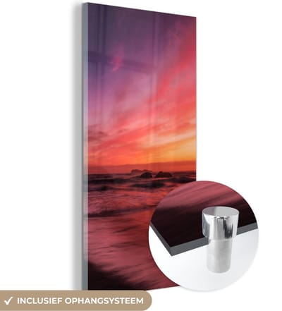 MuchoWow® Glasschilderij 20x40 cm - Schilderij acrylglas - Strand - Zee - Natuur - Avond - Foto op glas - Schilderijen