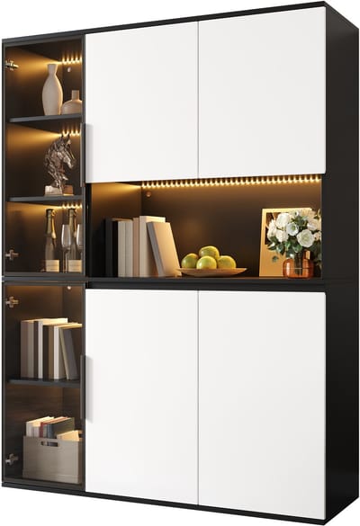 Clruro Vitrinekast - 120 x 40 x 160 cm - met LED en met glas - MDF - Wit + zwart