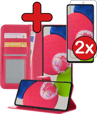 Hoesje - Met 2x Screenprotector - Geschikt voor Samsung Galaxy A52s 5G - Luxe Pasjeshouder - Flip Case - Bookcase Portemonee - Kunstleer Book Case - Flipcase Hoes - Book Cover - Walletcase - Portemonneehoes - Telefoonhoes - Donkerroze