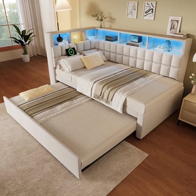 Slaapbank 90x200cm - met uitschuifbaar bed - LED-verlichting - USB- en Type-C-oplaadpoorten - met opbergrek - beige - zonder matras