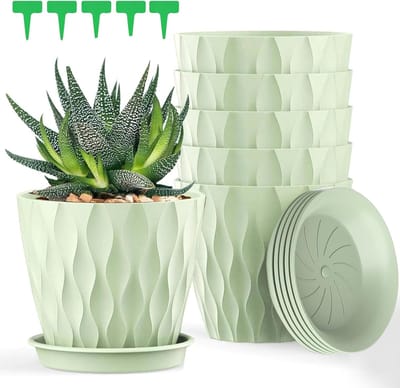Set van 5 Plastic Bloempotten met Plantlabels, 12.5 cm met Afvoergaten en Lade, Modern Decoratief voor Vetplanten en Huishoudelijke Planten