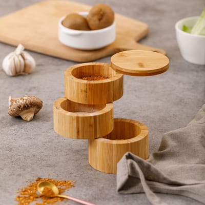 Kruidenpot voor 3 soorten kruiden - Specerijen opbergen - Bamboe hout - Uitschuifbaar kruidenpotje - Kruiden organizer