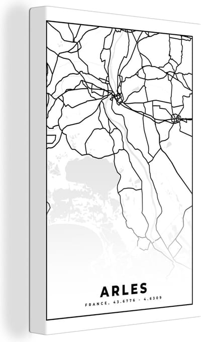 Canvas Schilderij Frankrijk – Plattegrond – Stadskaart – Arles - Kaart - Zwart wit - 20x30 cm - Wanddecoratie
