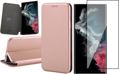 Hoesje geschikt voor Samsung Galaxy S22 Ultra - Book Case Kunstlederen Wallet Cover Minimalistisch Pasjeshouder Hoes Roségoud - PET Glasfolie Screenprotector