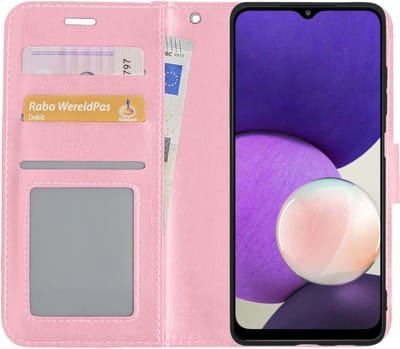 Hoesje - Met Pasjeshouder - Geschikt voor Samsung Galaxy A22 4G - Luxe Bookcase Portemonee - Flip Case - Kunstleer Book Case - Flipcase - Book Cover - Walletcase - Portemonneehoes - Lichtroze