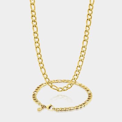 Figaro Ketting 7 mm x Figaro Armband 5 mm - Gouden Schakelketting en Schakelarmband Heren - 50/19 cm lang - Olympus Jewelry