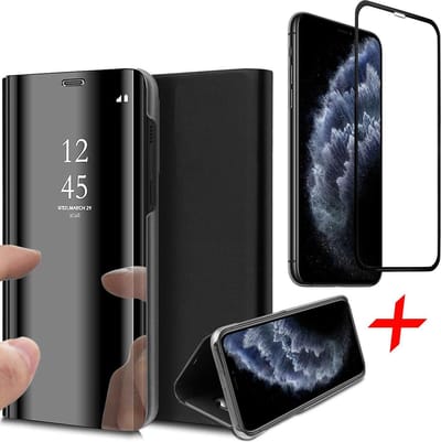 Hoesje geschikt voor iPhone 11 Pro Max - Screen Protector FullGuard - Book Case Spiegel Zwart & Screenprotector