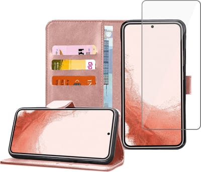 Geschikt voor Samsung S22 Plus Book Case Hoesje - Screenprotector - Flip Portemonnee Rose met Screen Cover Tempered Glas