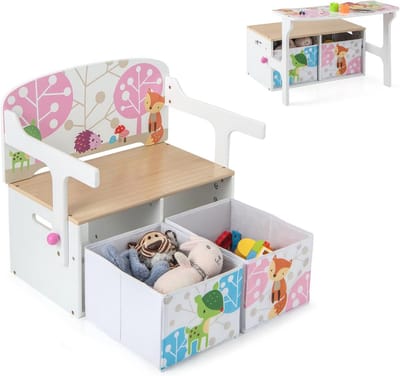 3-in-1 Kinderbank met Opbergruimte en Bureau - Houten Zitkist voor Kinderen 3-7 Jaar - Roze