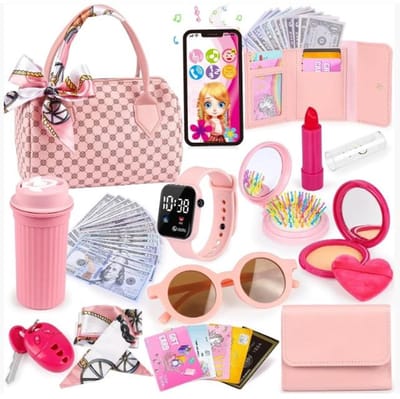 31 Stuks Speeltas voor Kleine Meisjes - Handtas voor Meisjes met Speelgoedtasje - Prinsessenspeelgoed Inclusief Handtas, Telefoon, Horloge en Zijden Sjaal