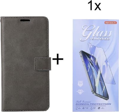 Bookcase Geschikt voor: OnePlus Nord 2 5G - Grijs - portemonnee hoesje met 1 stuk Glas Screen protector