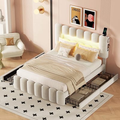 Gestoffeerd Bed met Opbergruimte en LED Verlichting