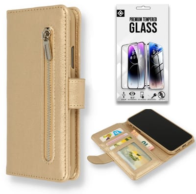 Casemania Hoesje en Glas Geschikt voor Samsung Galaxy A17 5G - Goud - Luxe Portemonnee Book Case met Rits en Pasjeshouder - Wallet Case Telefoonhoesje - 1x Tempered Glazen Screenprotector