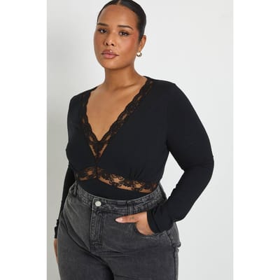 boohoo Dames Plus bodysuit met lange mouwen en katoenen kantafwerking | Zwart | Maat: 44
