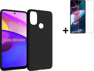 Hoesje Geschikt voor Motorola Moto E30 - Moto E40 - Screenprotector Motorola Moto E30 - Moto E40 - Siliconen - Motorola Moto E30 - Moto E40 Hoes Zwart Case + Tempered Glass