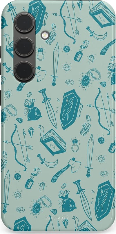 Casetastic Hoesje Geschikt voor Samsung S24 - Stijlvolle Beschermende Duo-layer Case - Avontuurlijke buit vol wapens