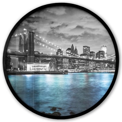 Poster in lijst Rond - Fotolijst 40x40 cm - Posters - New York - Skyline - Stad - Blauw - Ronde posterlijst zwart - Decoratie - Wanddecoratie woonkamer - Muurdecoratie slaapkamer
