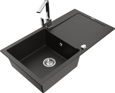 Mexen Leo granieten spoelbak 1-komor met afdruiprek en keukenkraan Rita, zwart/goud metallic - 6501-75-670300-00