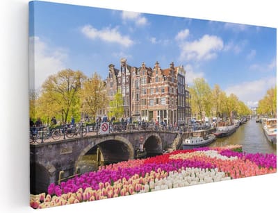 Artaza Canvas Schilderij Amsterdam - 40x20 cm - Klein - Wanddecoratie Grachten - Muurdecoratie Tulpen - Schilderijen Op Canvas Bloemen