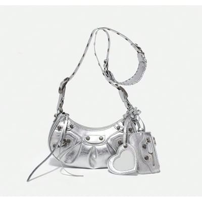 Sac Axillaire Locomotive Sac Croissant Plissé Femme, Frange à Rivets, Sac Bandoulière Croisé Femme silver multicolore