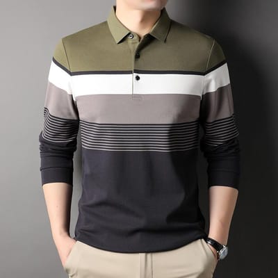 Herfst Nieuw Heren Modieus Eenvoudig Revers Kleurblok Poloshirt Heren Gestreept Lange Mouw Katoenen T-shirt XXXL gray