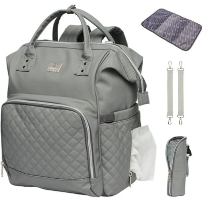MIMMTI Leren Luiertas Rugzak 2.0 met Verschoonmatje - Grijs - leer - Inclusief flessenwarmhouder - kinderwagenhaken en isoleervak - All in One Bag