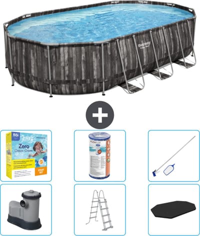 Bestway Ovaal Power Steel Zwembad - 610 x 366 x 122 - Grijs - Inclusief Pomp - Ladder - Afdekzeil Onderhoudspakket - Filter - Schoonmaakset