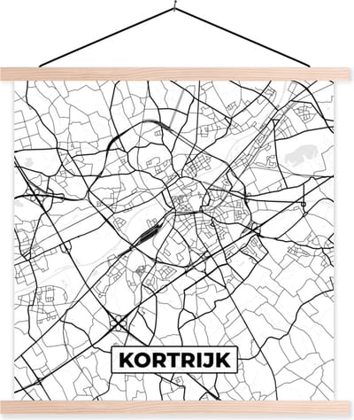 Posterhanger incl. Poster 40x40 cm - Schoolplaat - België – Kortrijk – Stadskaart – Kaart – Zwart Wit – Plattegrond - Textielposter - Blanke latten - Stadskaart
