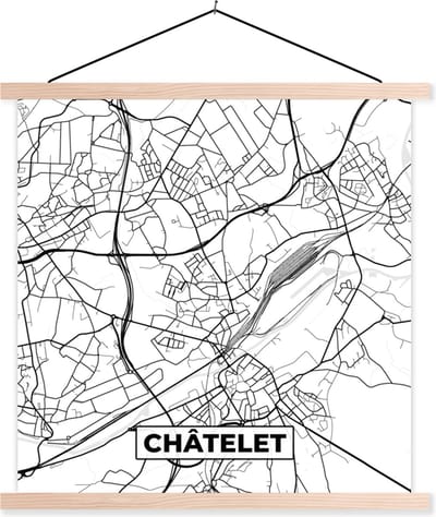 Posterhanger incl. Poster 40x40 cm - Schoolplaat - België – Châtelet – Stadskaart – Kaart – Zwart Wit – Plattegrond - Textielposter - Blanke latten - Stadskaart