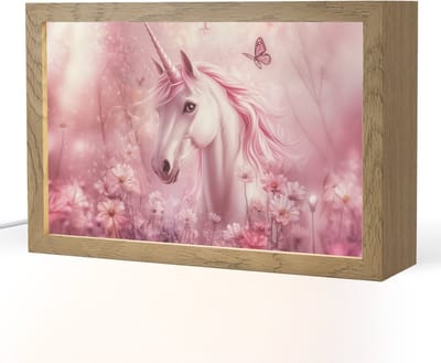 Nachtlampje 30x20 cm - Kinder lampje - Eenhoorn - Roze - Vlinders - Bloemen - Tafellamp kinderkamer - Slaapkamer lamp - Bedlamp kinderen - Kinderlampje stopcontact - Wandlamp babykamer - Nachtlampjes