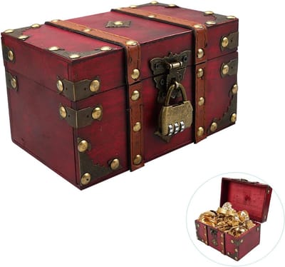 Vintage Houten Schatkist voor Kinderen - Kleine Piratenkist met Combinatieslot - Perfect voor Decoratie en Opslag - 18 x 11 x 10 cm, Donkerrood, Speelgoed, Kinderkamer, Avontuur